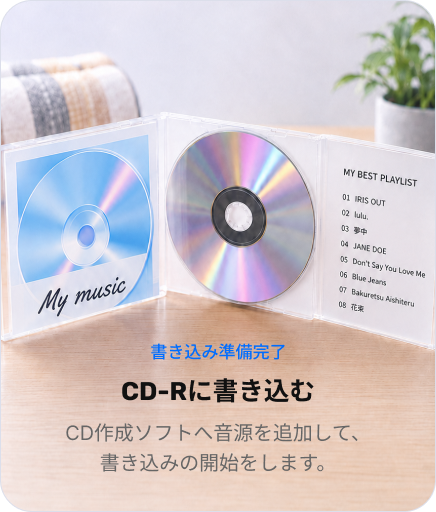 準備した音源をCD作成ソフトへ追加してCD-Rに書き込む流れ
